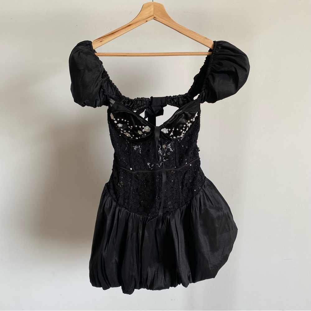 For Love And Lemons Black Embellished Puff-Sleeve Bubble Mini Dress - Picture 4 of 12